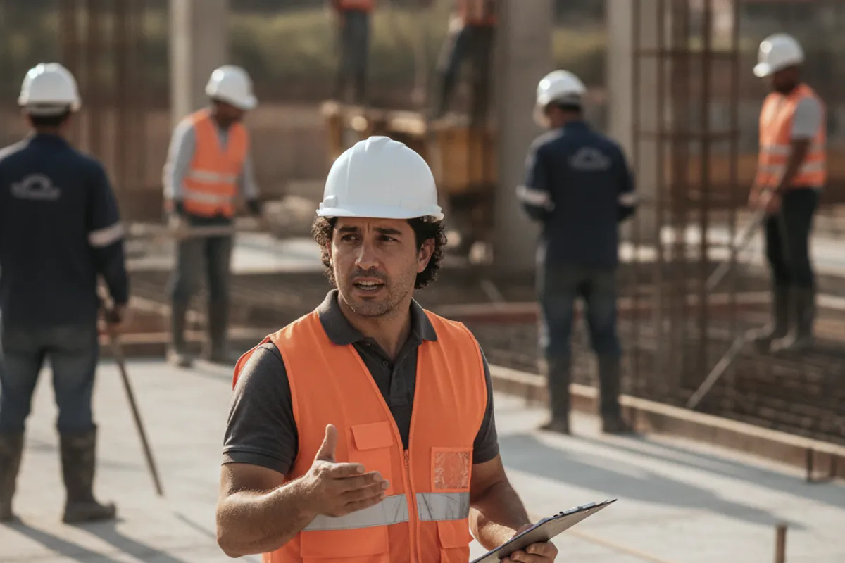 Encarregado de obra com capacete e colete revisando a construção com a equipe ao fundo