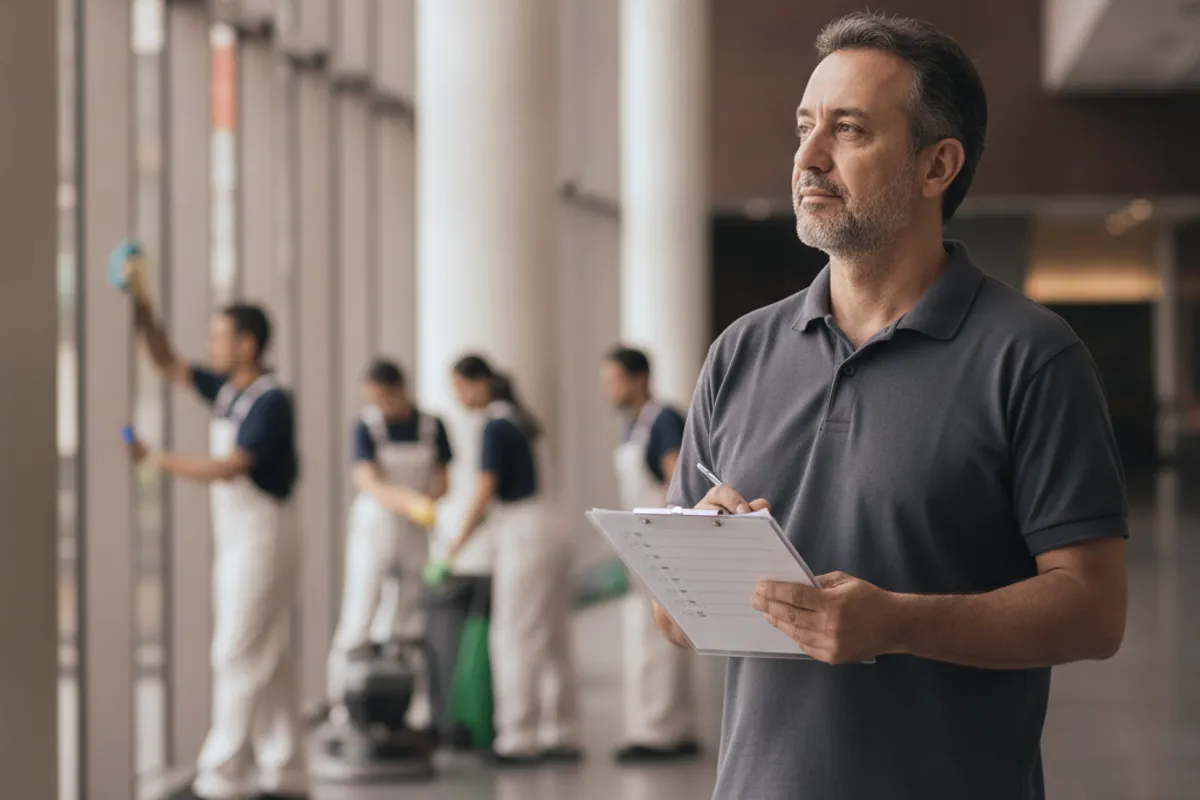 Supervisor de uma empresa de facilities acompanhando a operação num prédio comercial