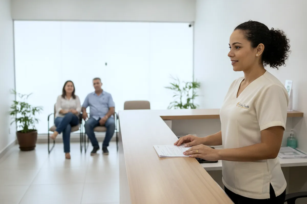 Gestora na recepção de uma clínica médica, com pacientes ao fundo