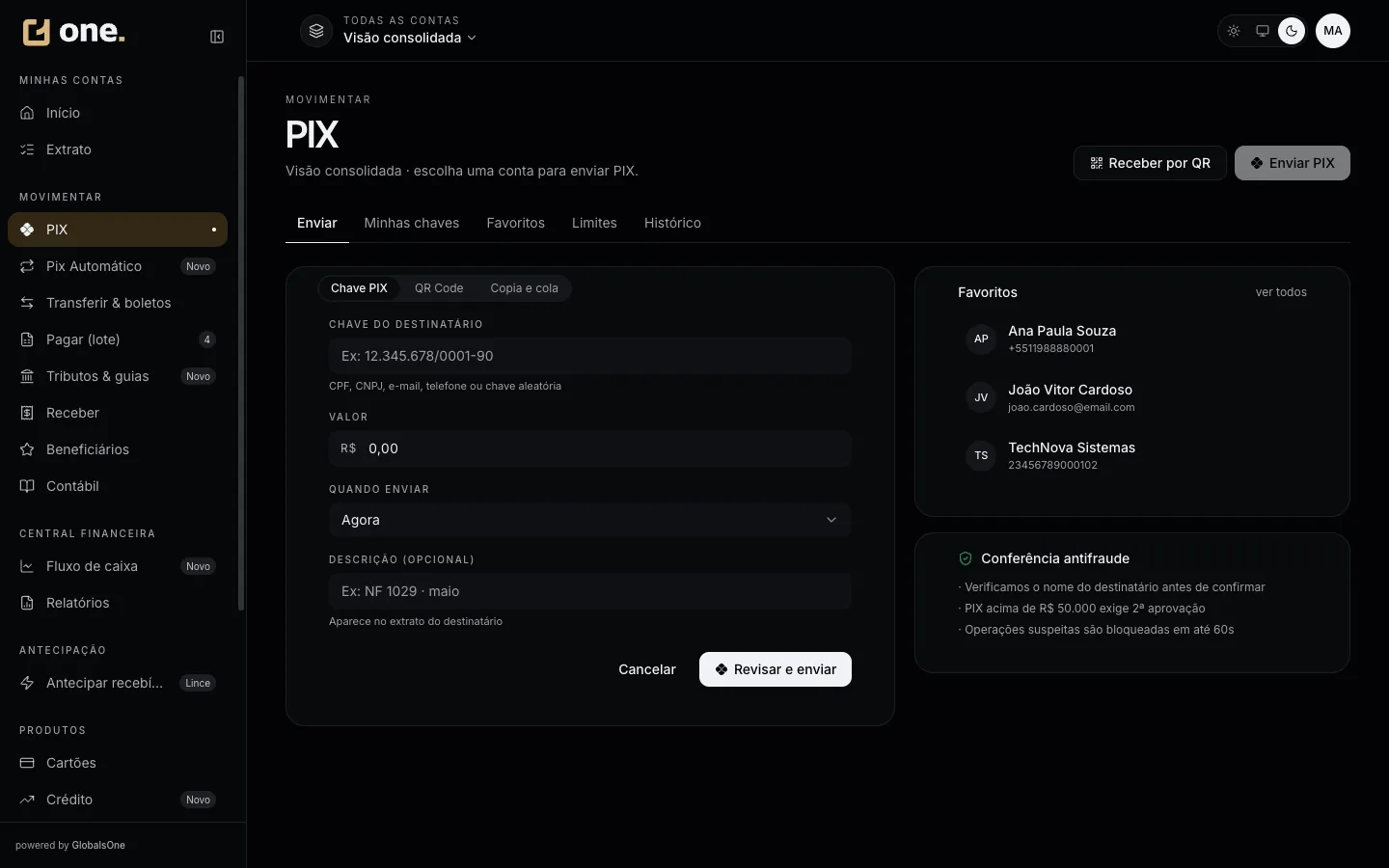 Tela de PIX na conta digital, no navegador, com a marca do parceiro