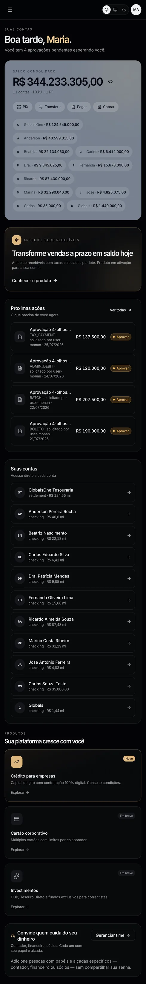 Tela inicial do app nativo, com saldo e ações, no celular