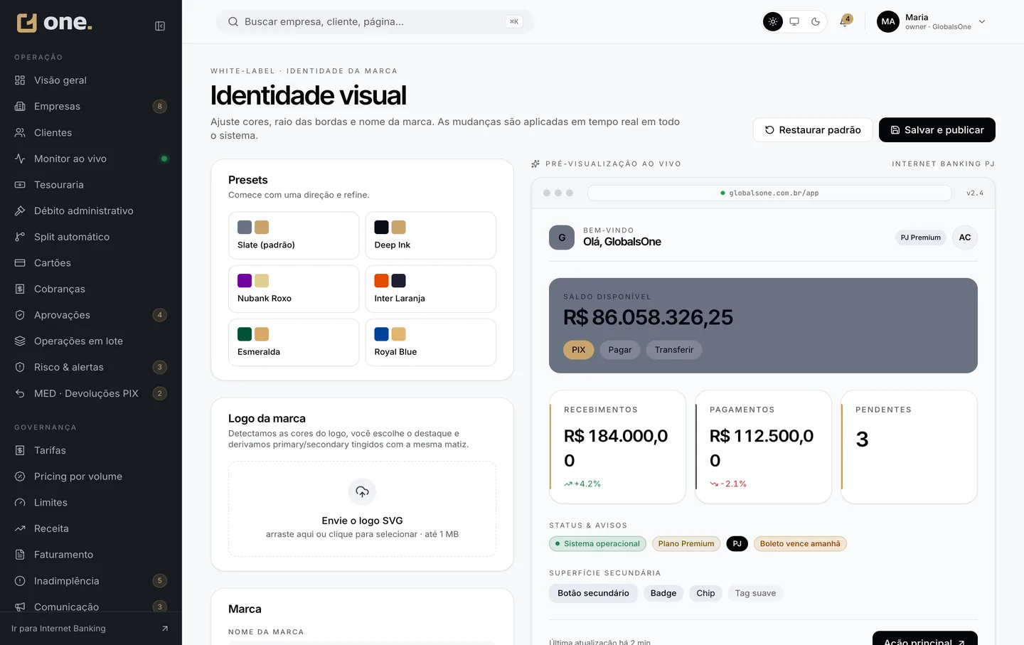 Identidade white-label — tema GlobalsOne, dourado