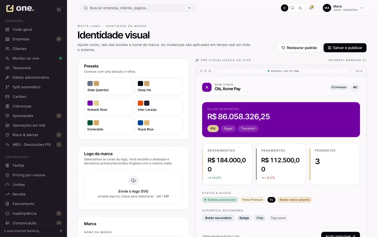Identidade white-label — tema Acme Pay, roxo